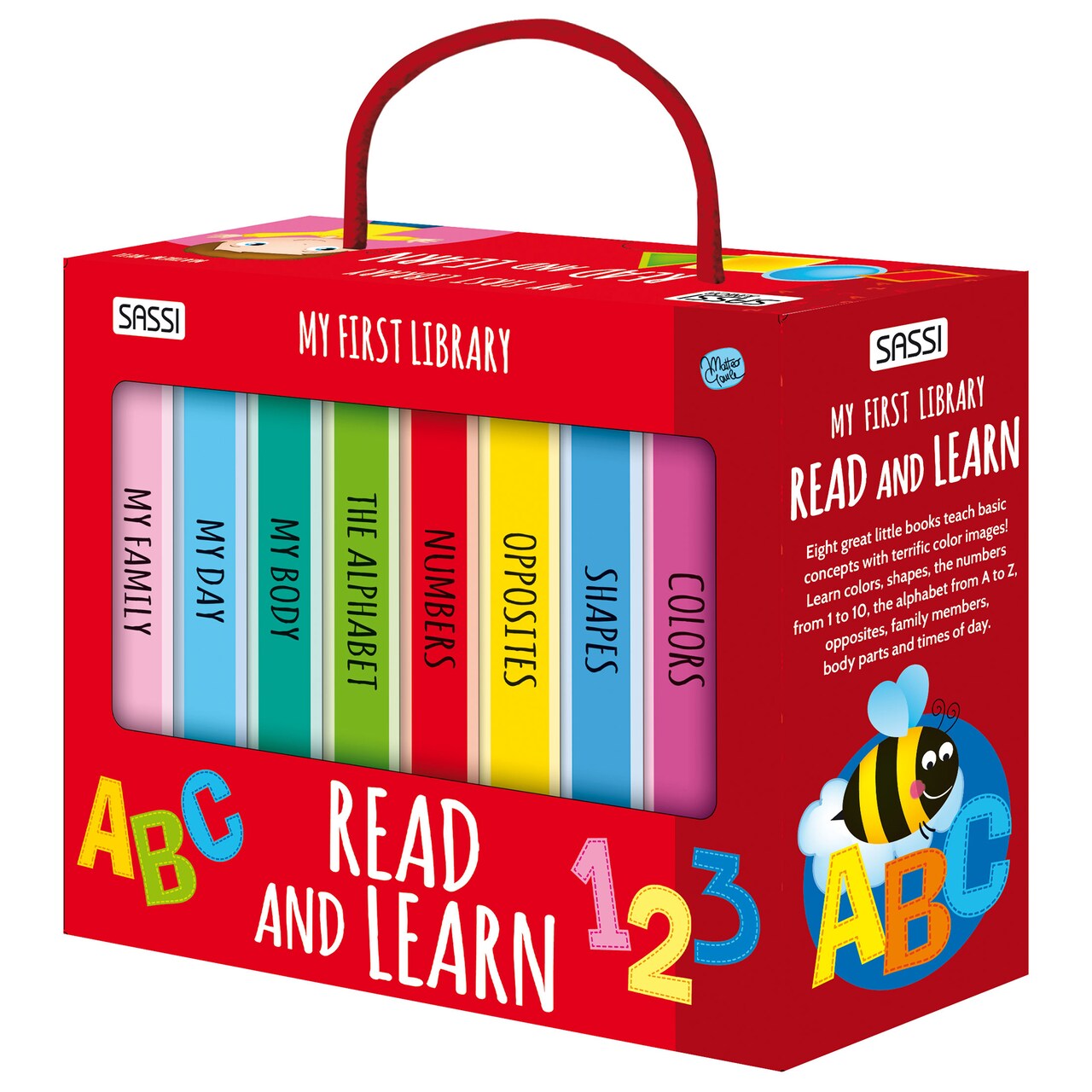 Sassi: My First Library - Read & Learn - 8 Cardboard Mini-Book Set, ABC's-Numbers-Body-Shapes-Colors-Family-Time, Portable Box, Kids-Toddlers Ages 2+